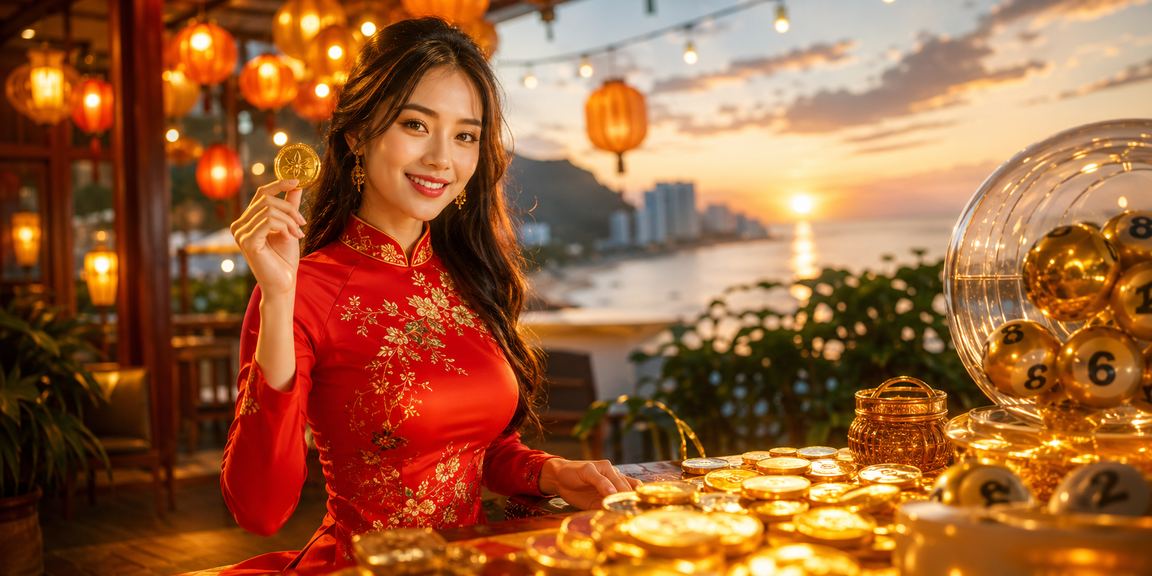 Người phụ nữ mặc áo dài tại Hội An tham gia xổ số trực tuyến trên điện thoại